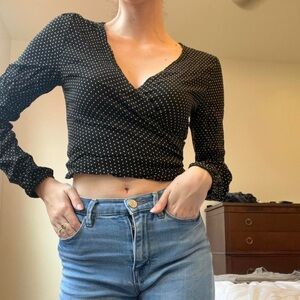 Brandy Melville Vintage Black Polka Dot Tie-Front Long-Sleeve Top